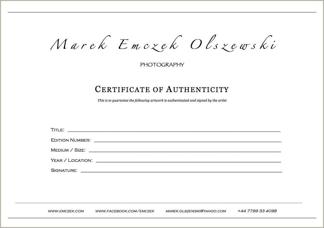 Free Certificate Of Authenticity For Fine Art Template