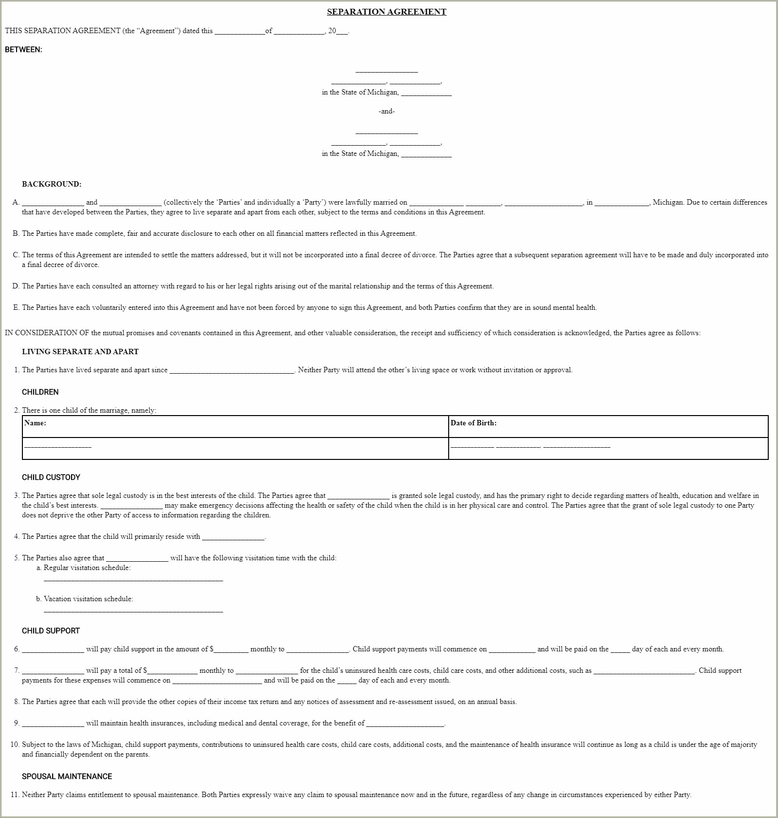 Free Child Support And Visitation Agreement Template