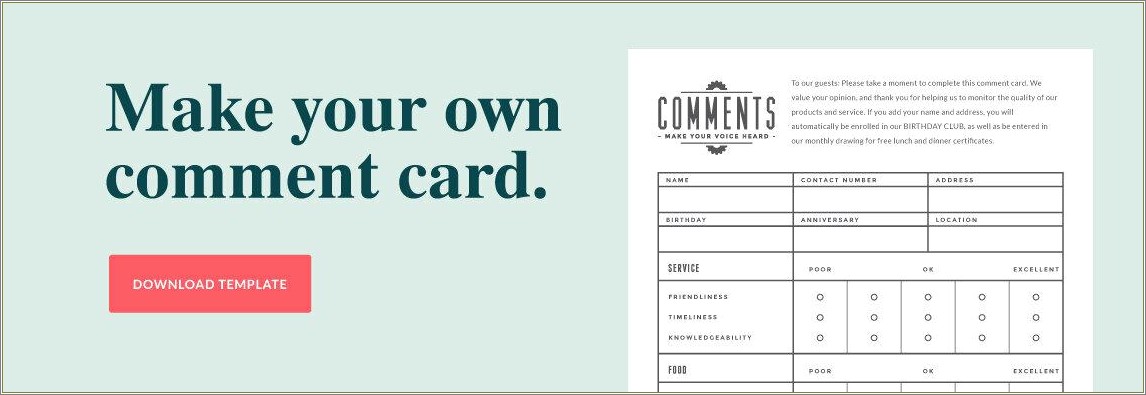 Free Comment Card Template For A Restaurant