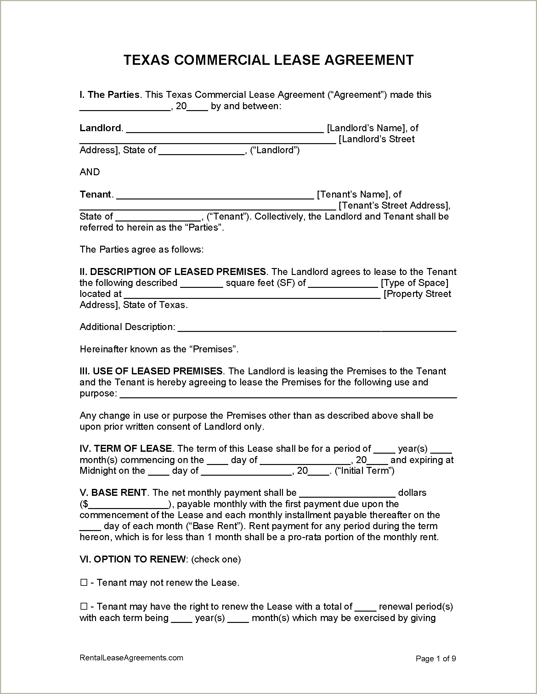 Free Commercial Lease Agreement Template Download Texas