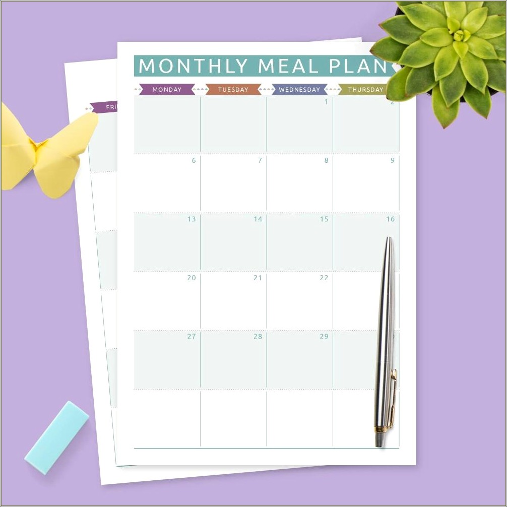Free Commercial Printable Monthly Menu Planner Template