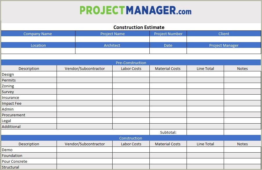 Free Construction Cost Estimate Excel Template In India