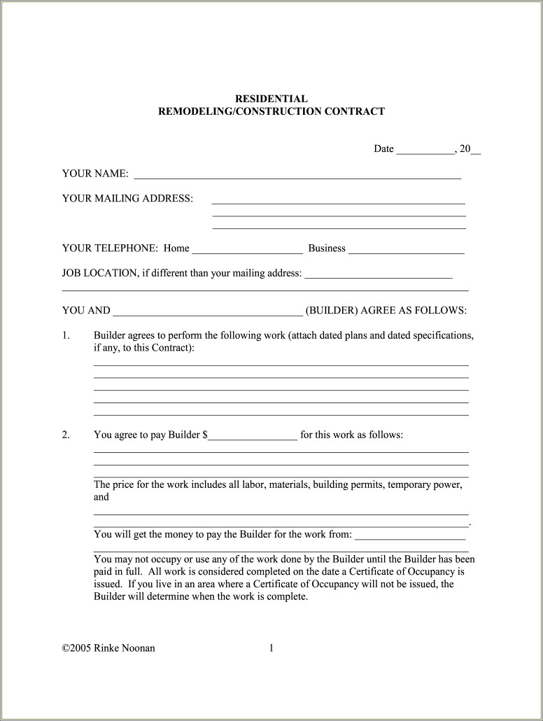 Free Contract Template For Handymanand Home Owner