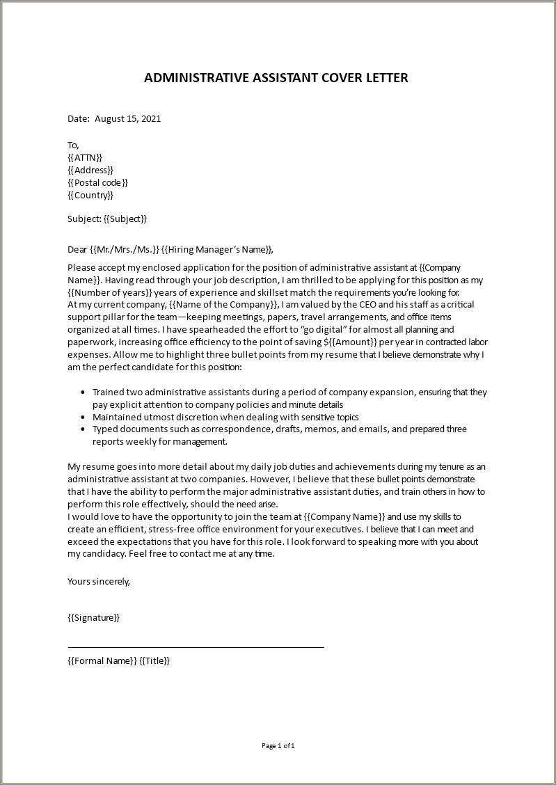 Free Cover Letter Template For Administrative Assistant