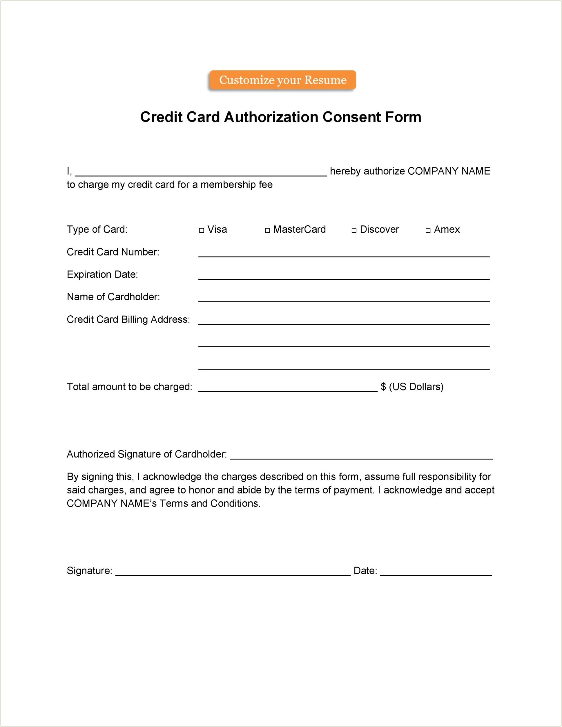 Free Credit Card Authorization Form Template Canada