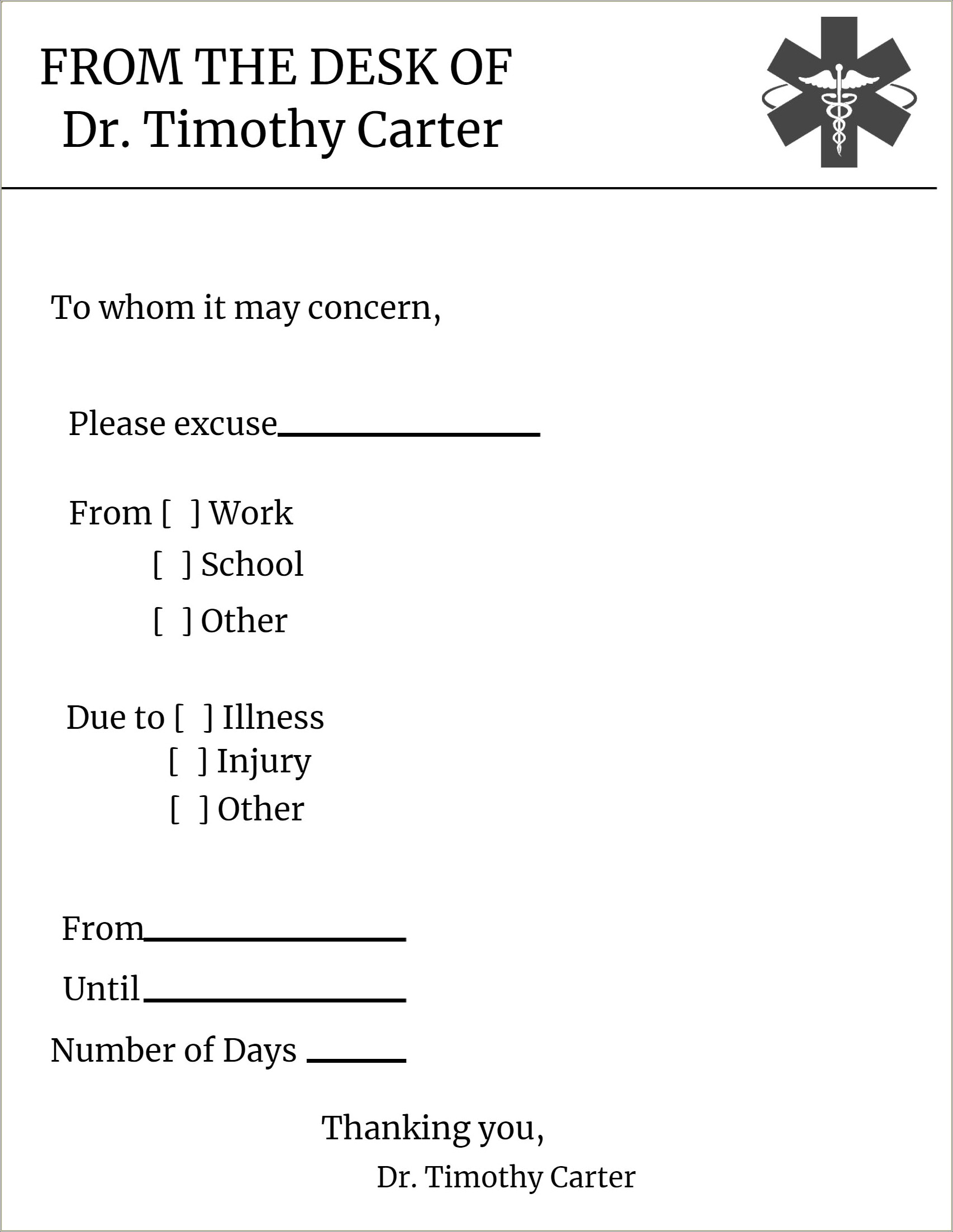 Free Doctor Note Template For Work Injury