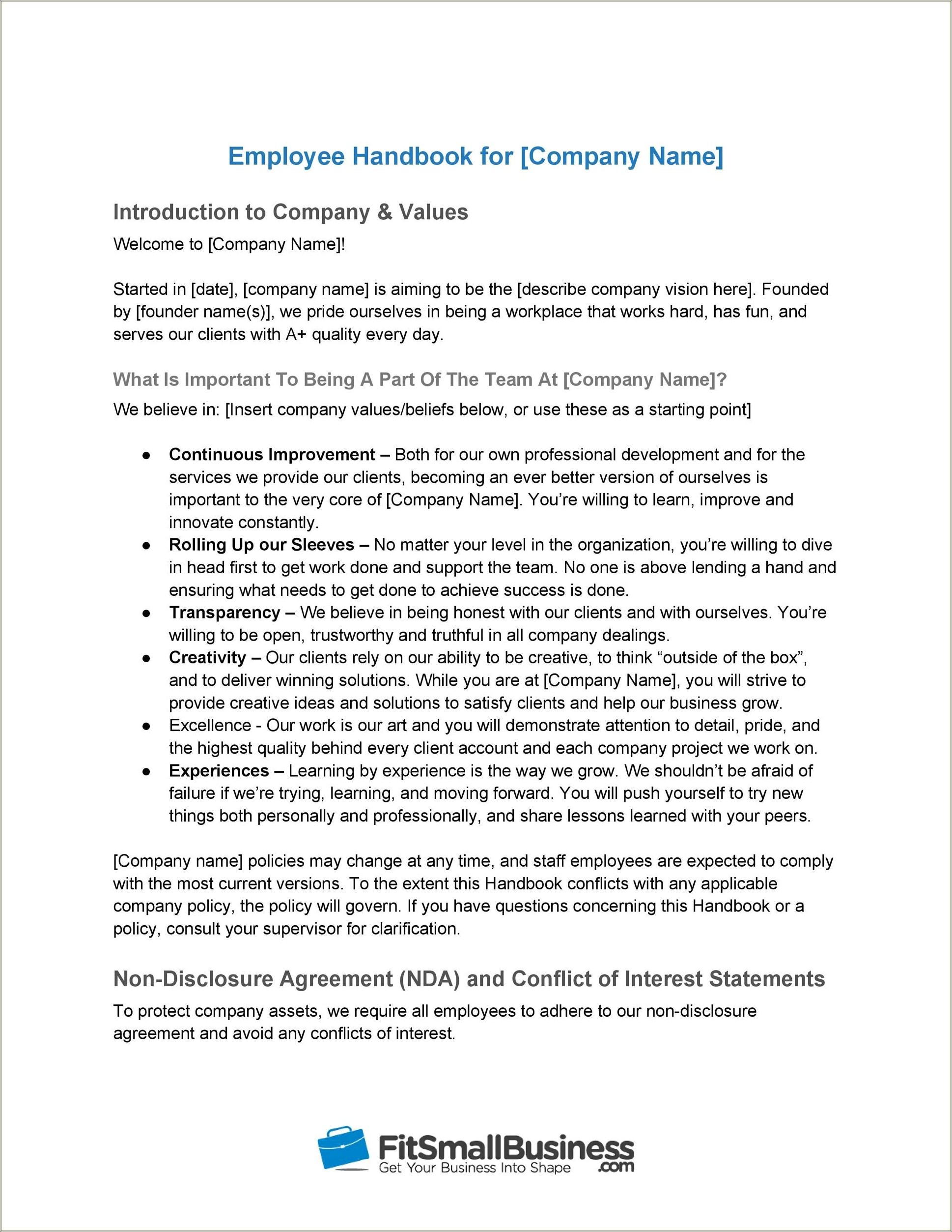 Free Employee Handbook Template For Flooring Company