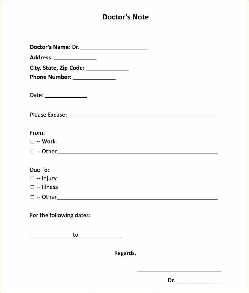 Free Fake Doctors Note For Work Template