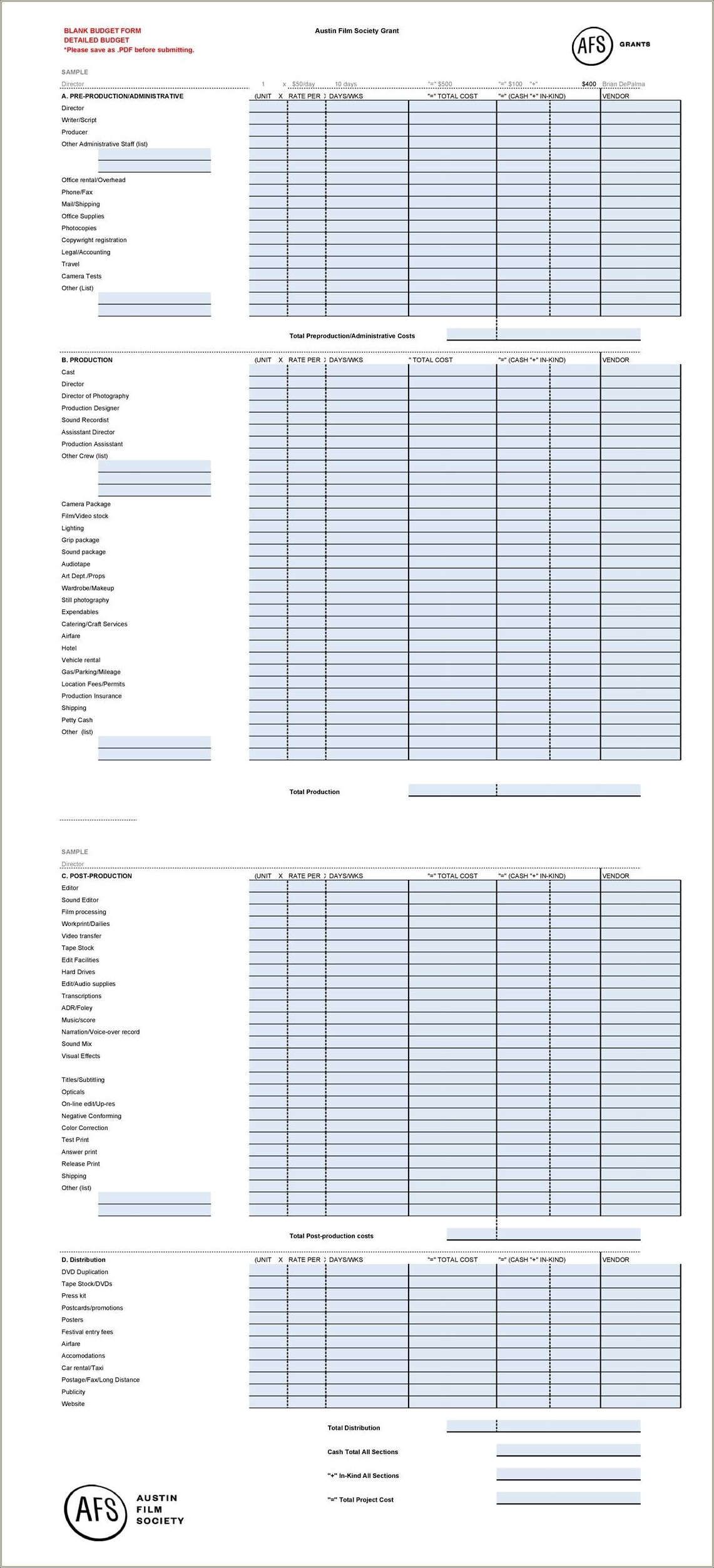 Free Film Budget Template With In Kind
