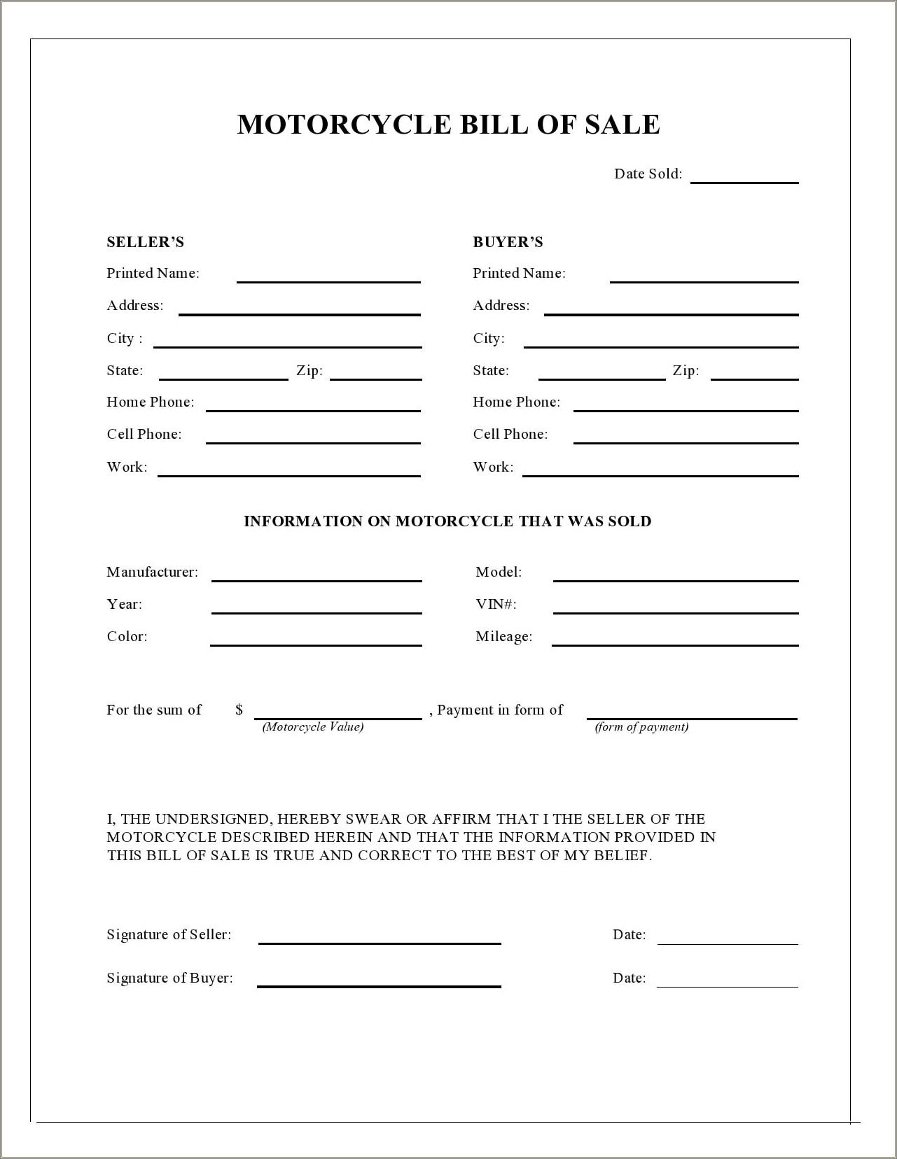 Free Florida Motorcycle Bill Of Sale Template Pdf