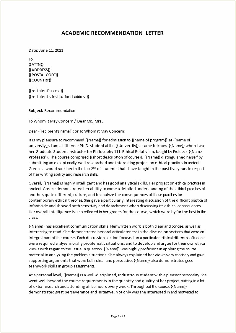 Free Google Doc Scholarship Recommendation Letter Template