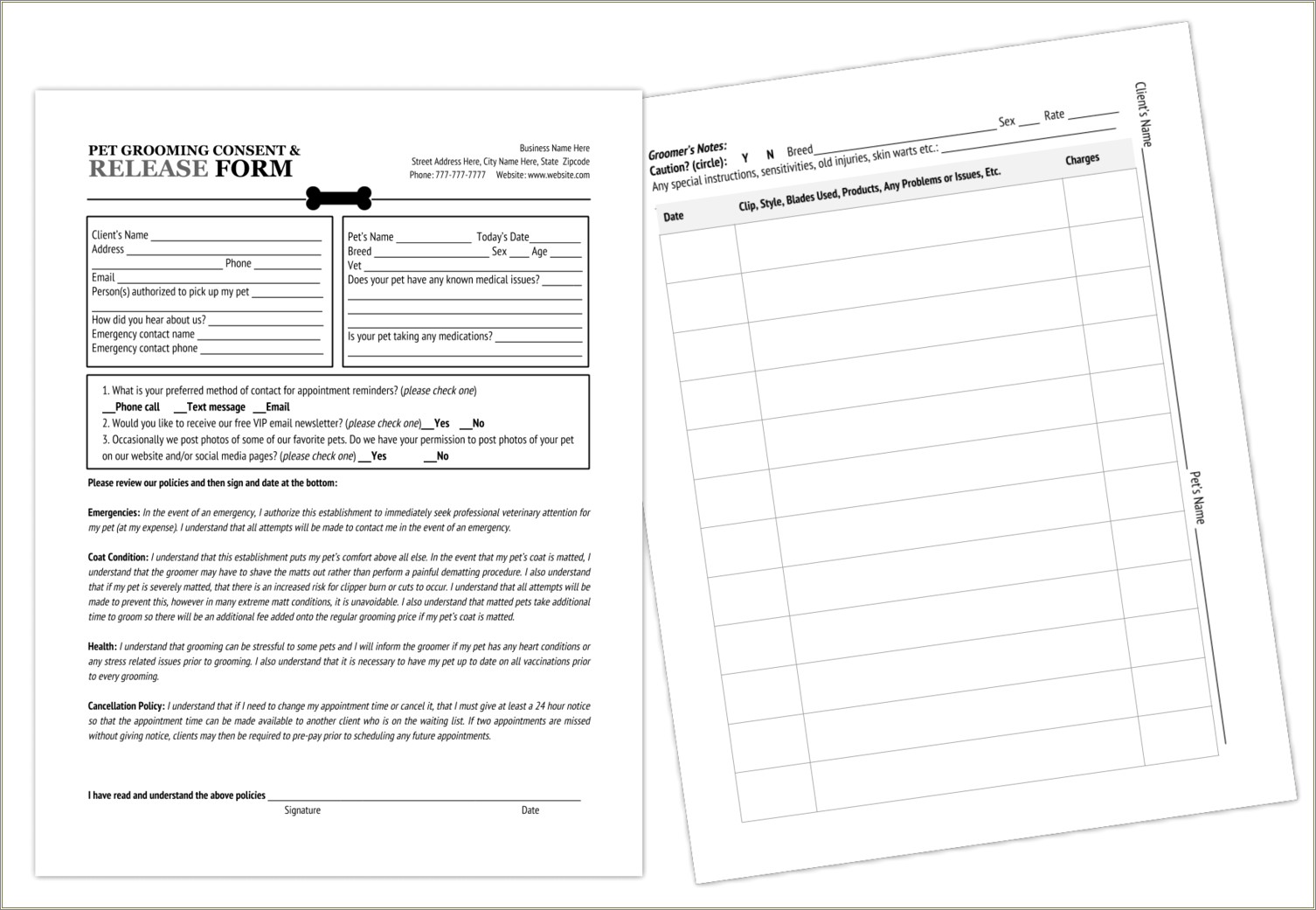 Free Grooming Visit Notes For Groomer Records Template