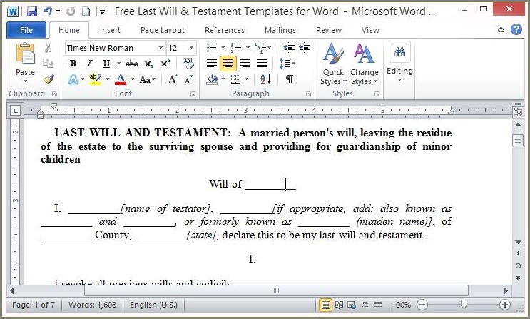 Free Last Will And Testament Template Nj