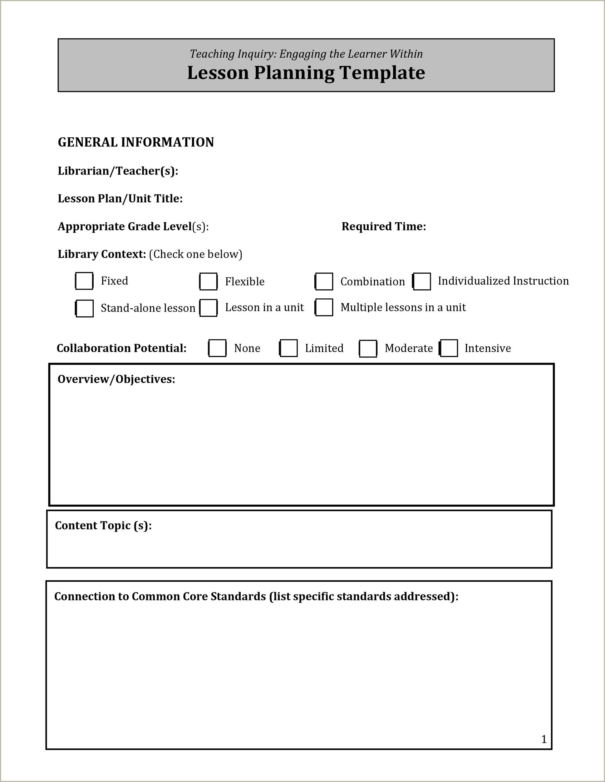 Free Lesson Plan Template With Common Core Standards