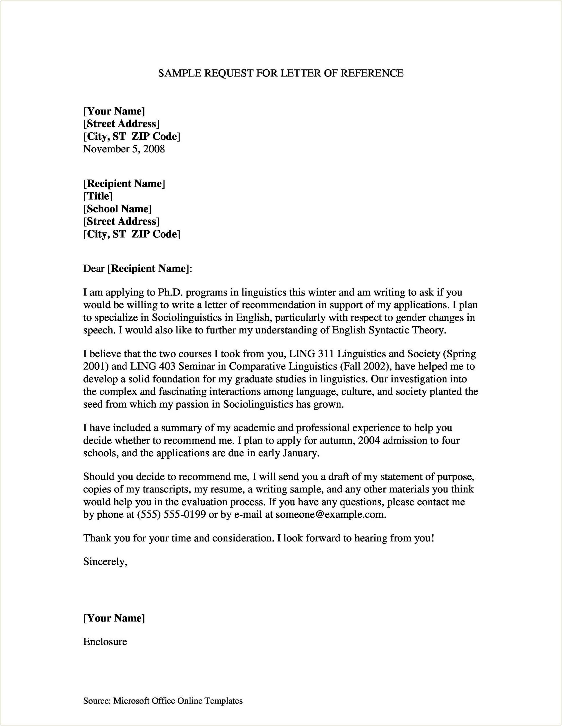 Free Letter Of Recommendation Template For College