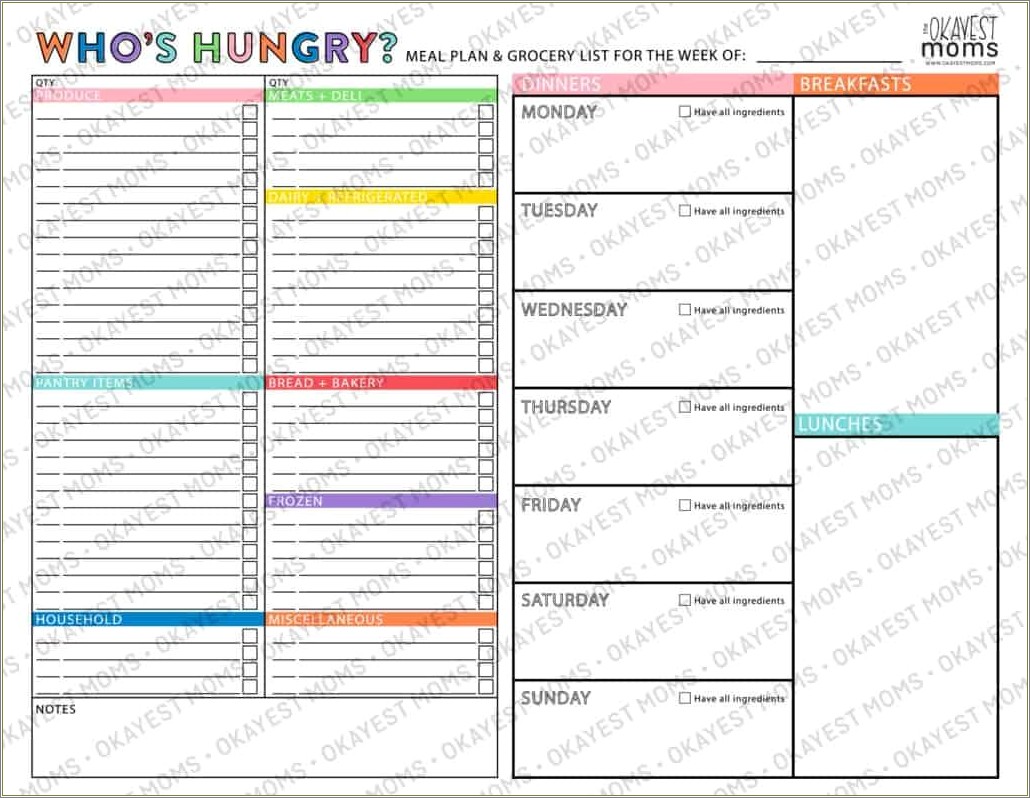 Free Meal Planning Template With Grocery List