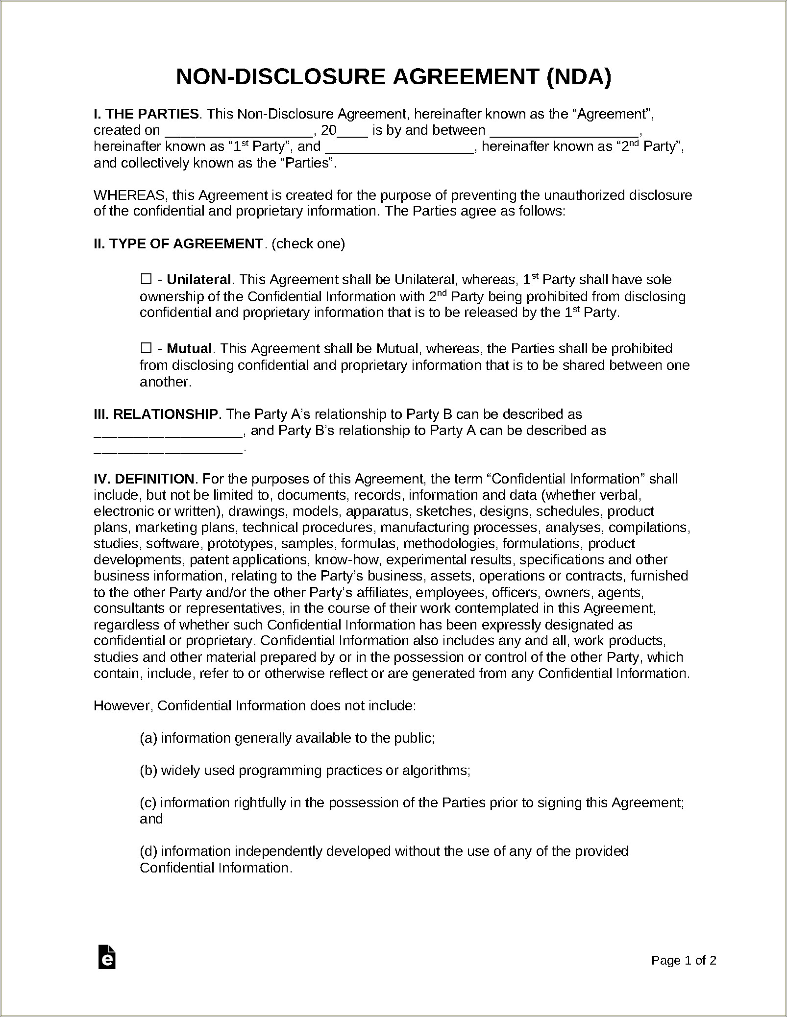 Free Non Disclosure Agreement For Business Idea Template