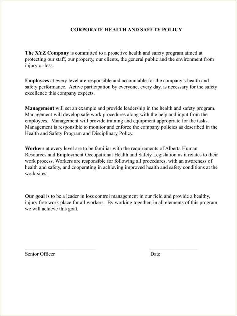 Free Occupational Health And Safety Policy Template