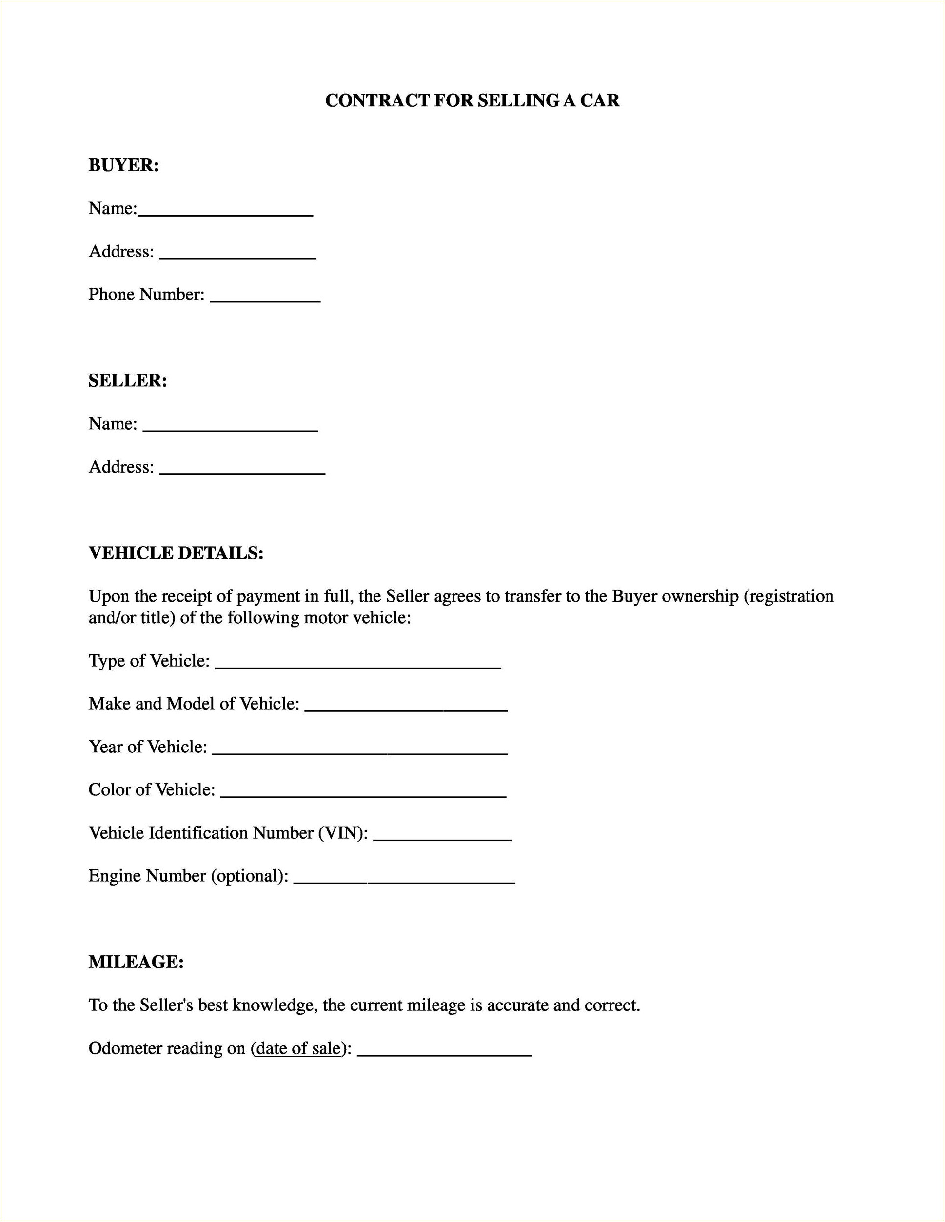 Free Potential Used Car Purchase Agreement Template