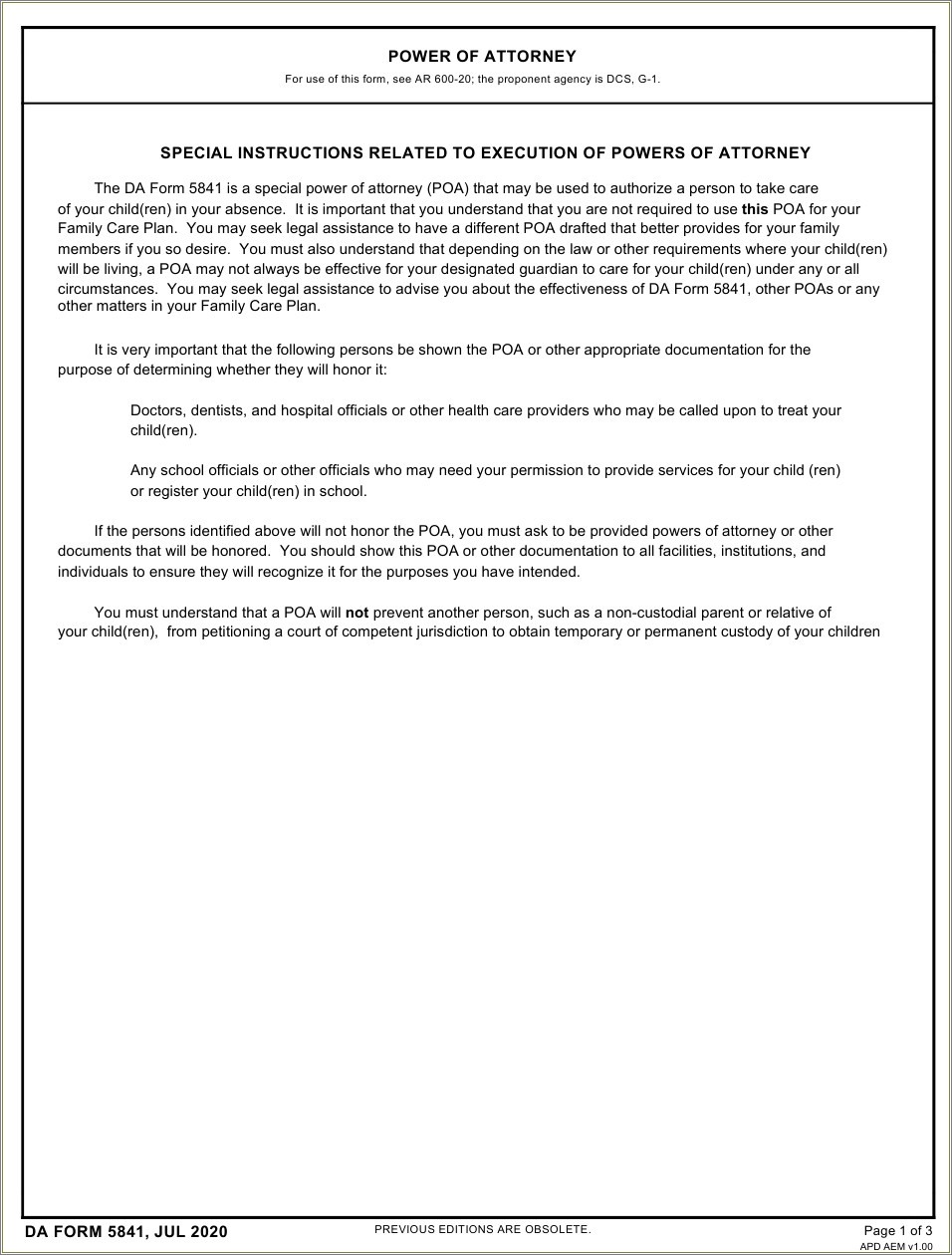 Free Power O Attorney For Child Medical Template