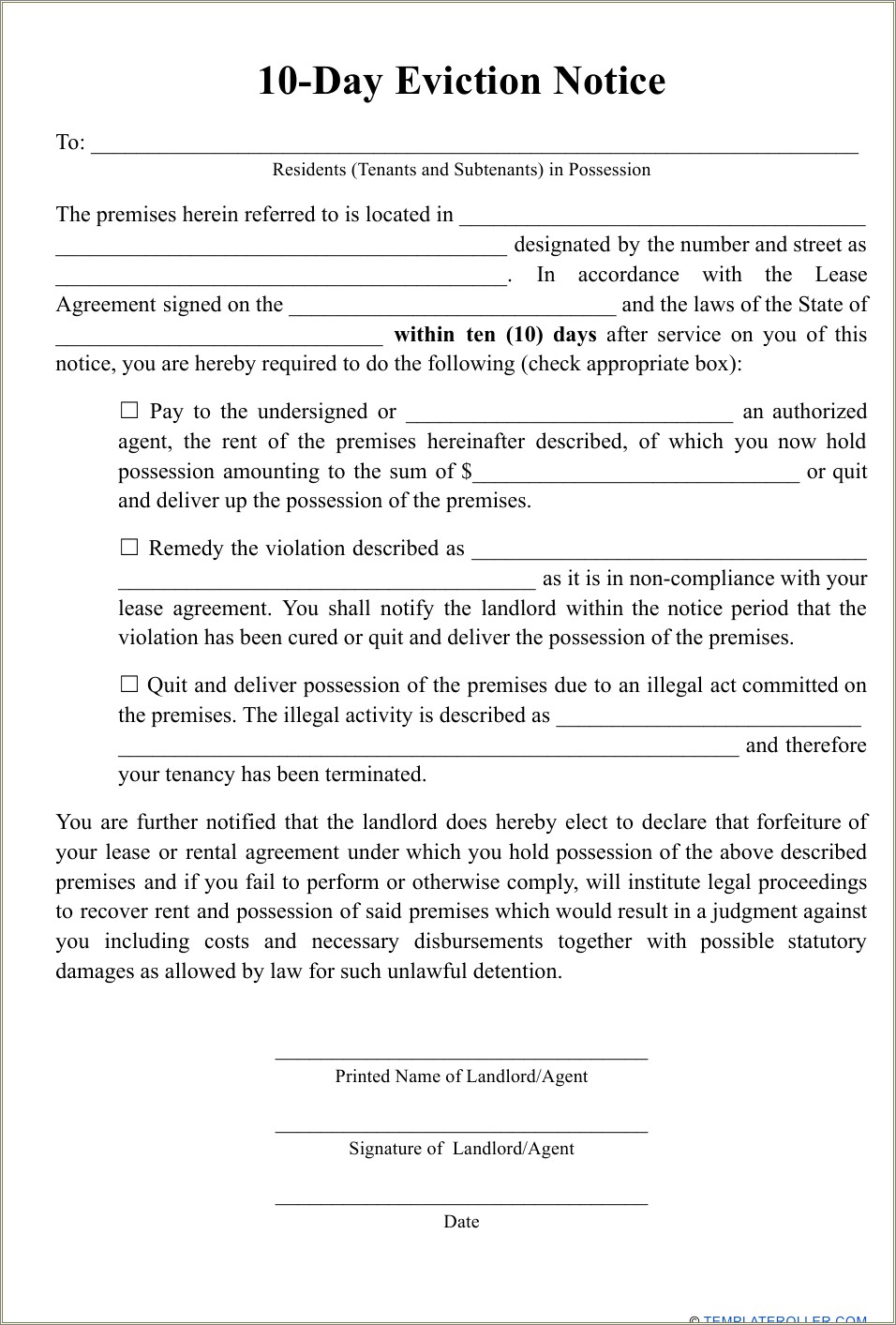 Free Printable 30 Day Eviction Notice Template Ohio
