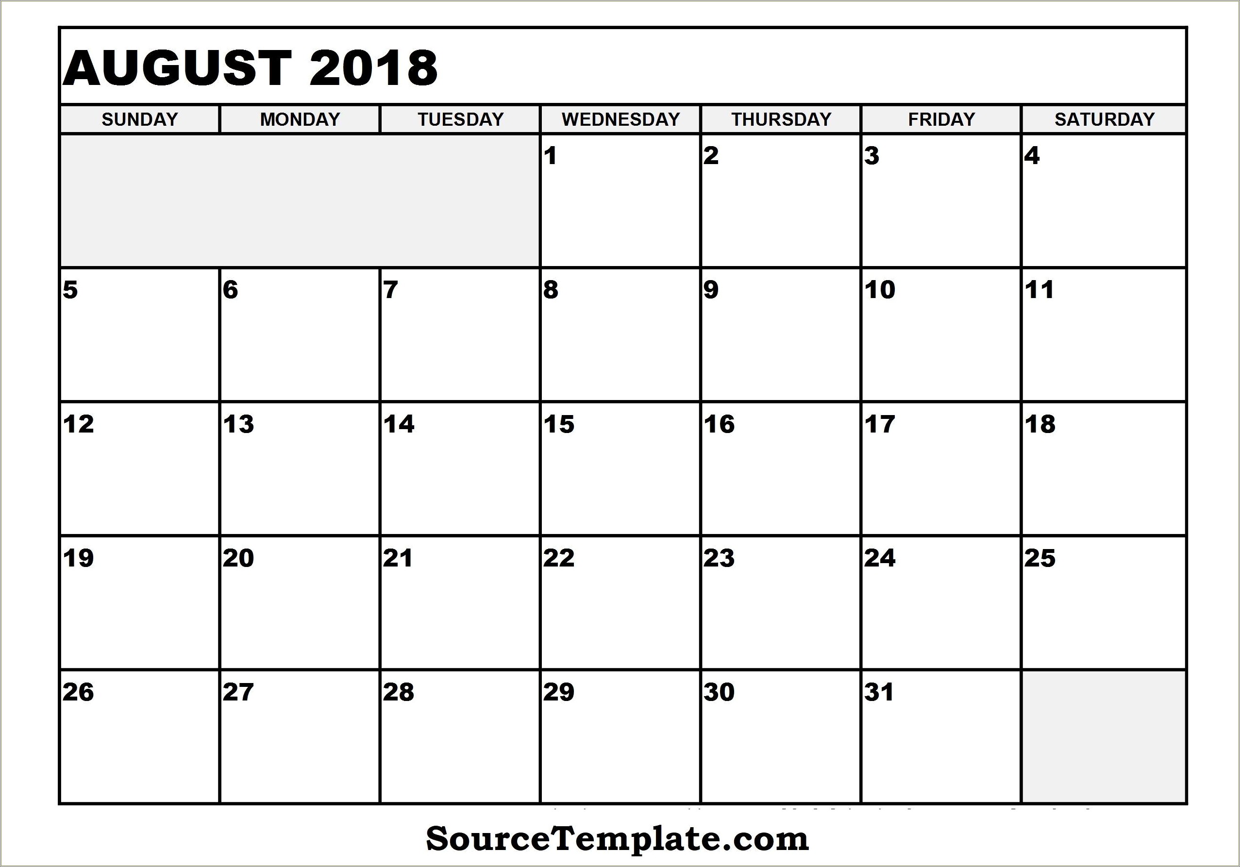 Free Printable August 2018 Calendar Template