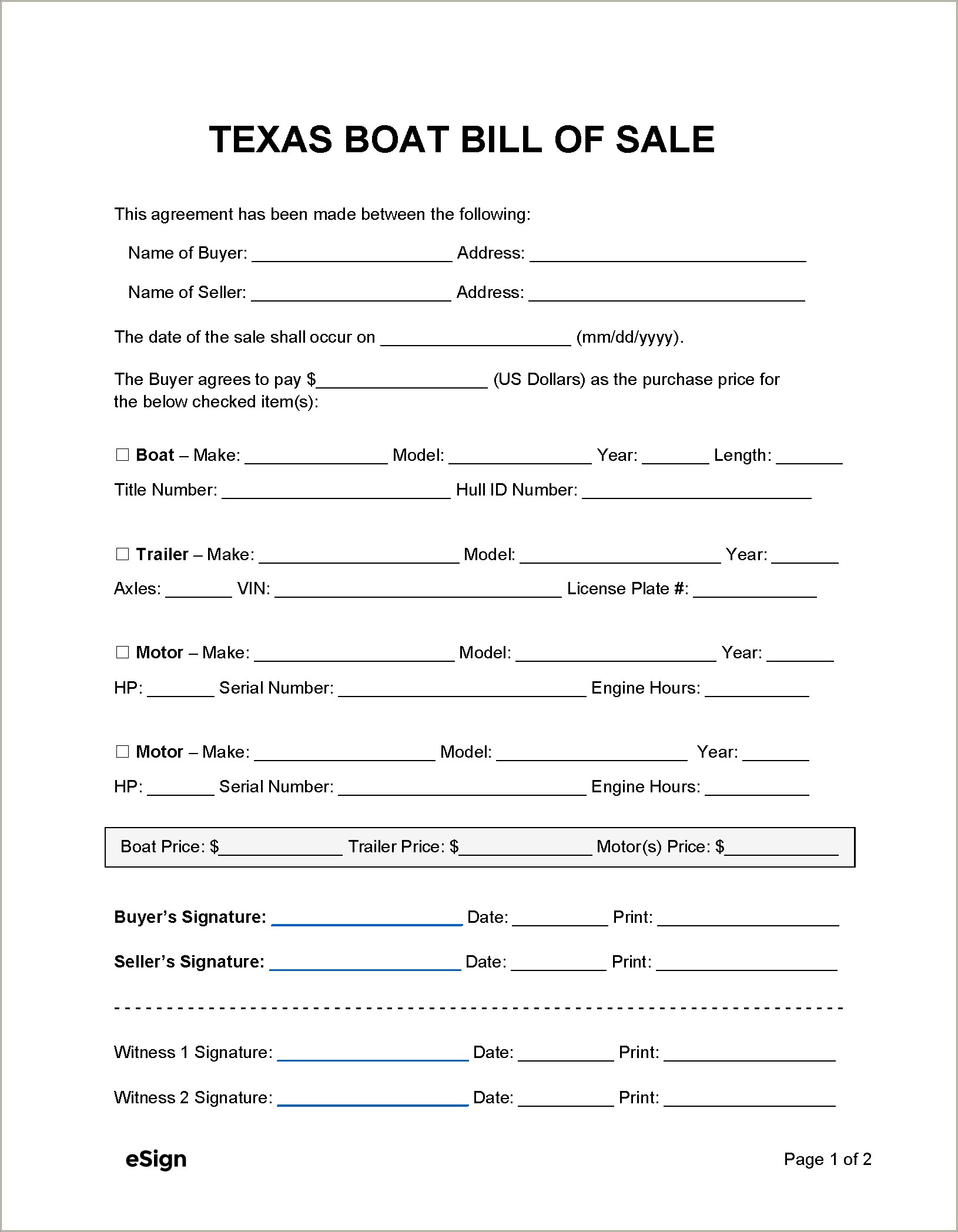Free Printable Bill Of Sale Template For Boat