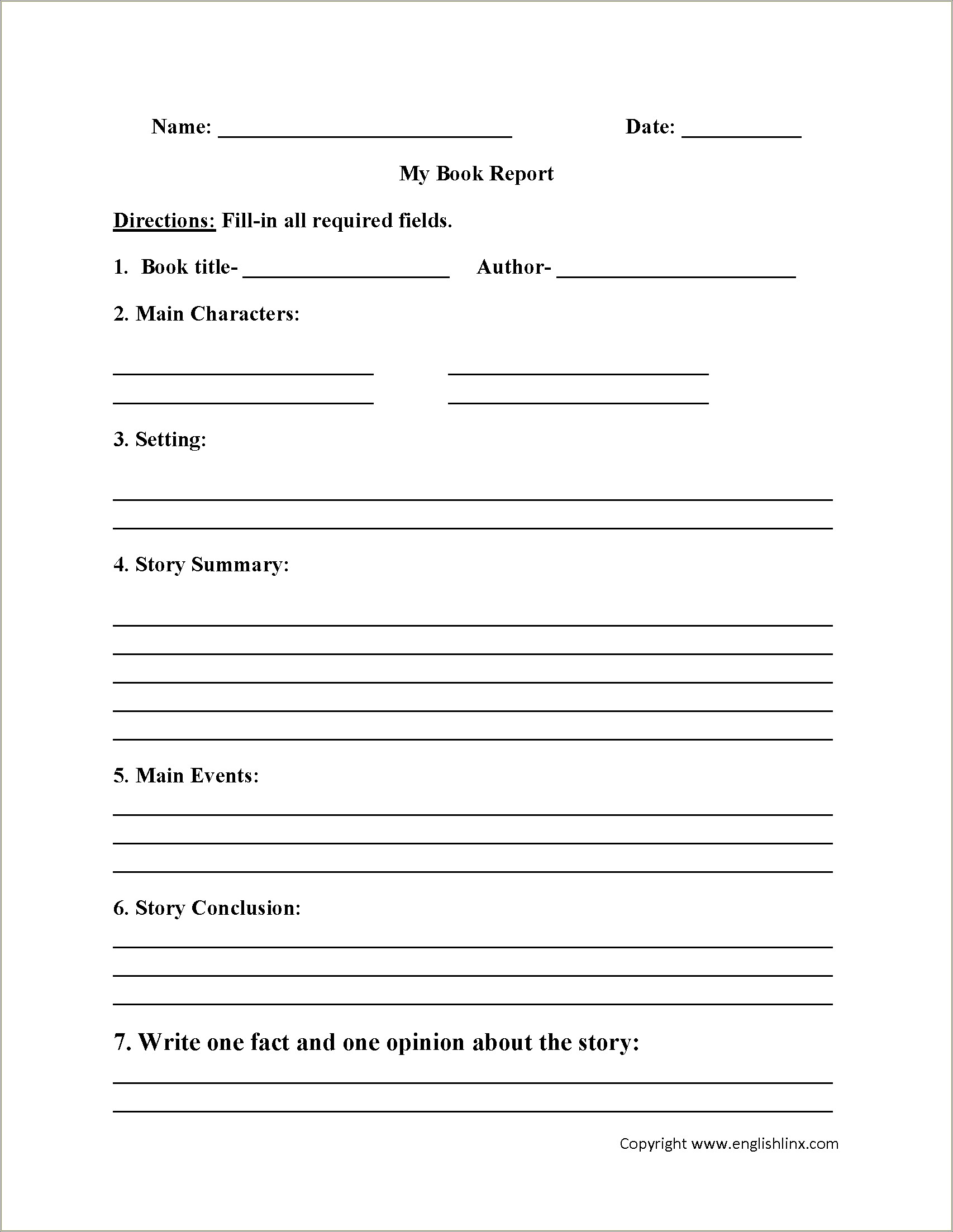 Free Printable Book Report Template Middle School Pdf