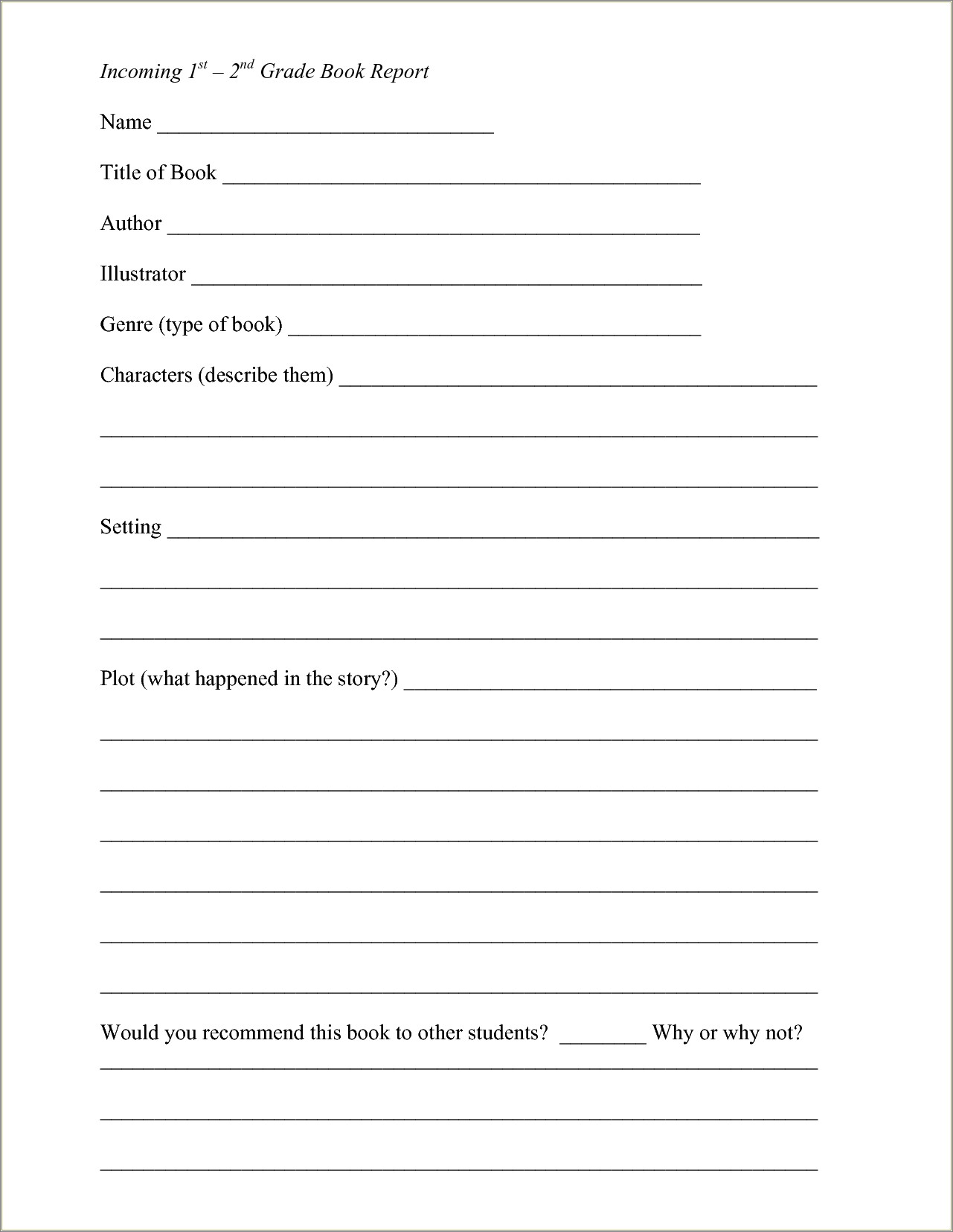 Free Printable Book Report Templates For 3rd Grade
