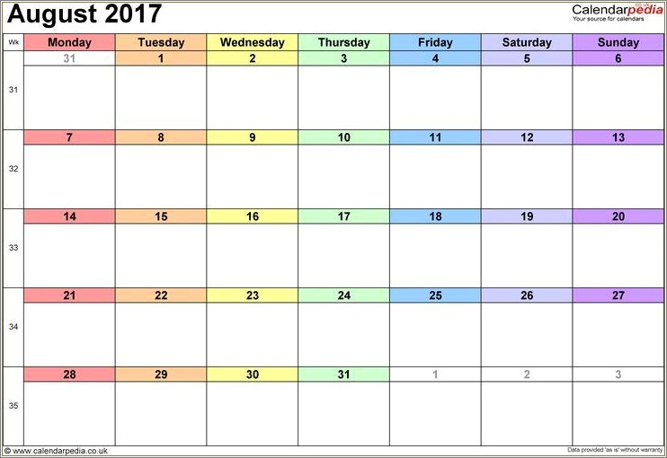 Free Printable Calendar Template August 2017