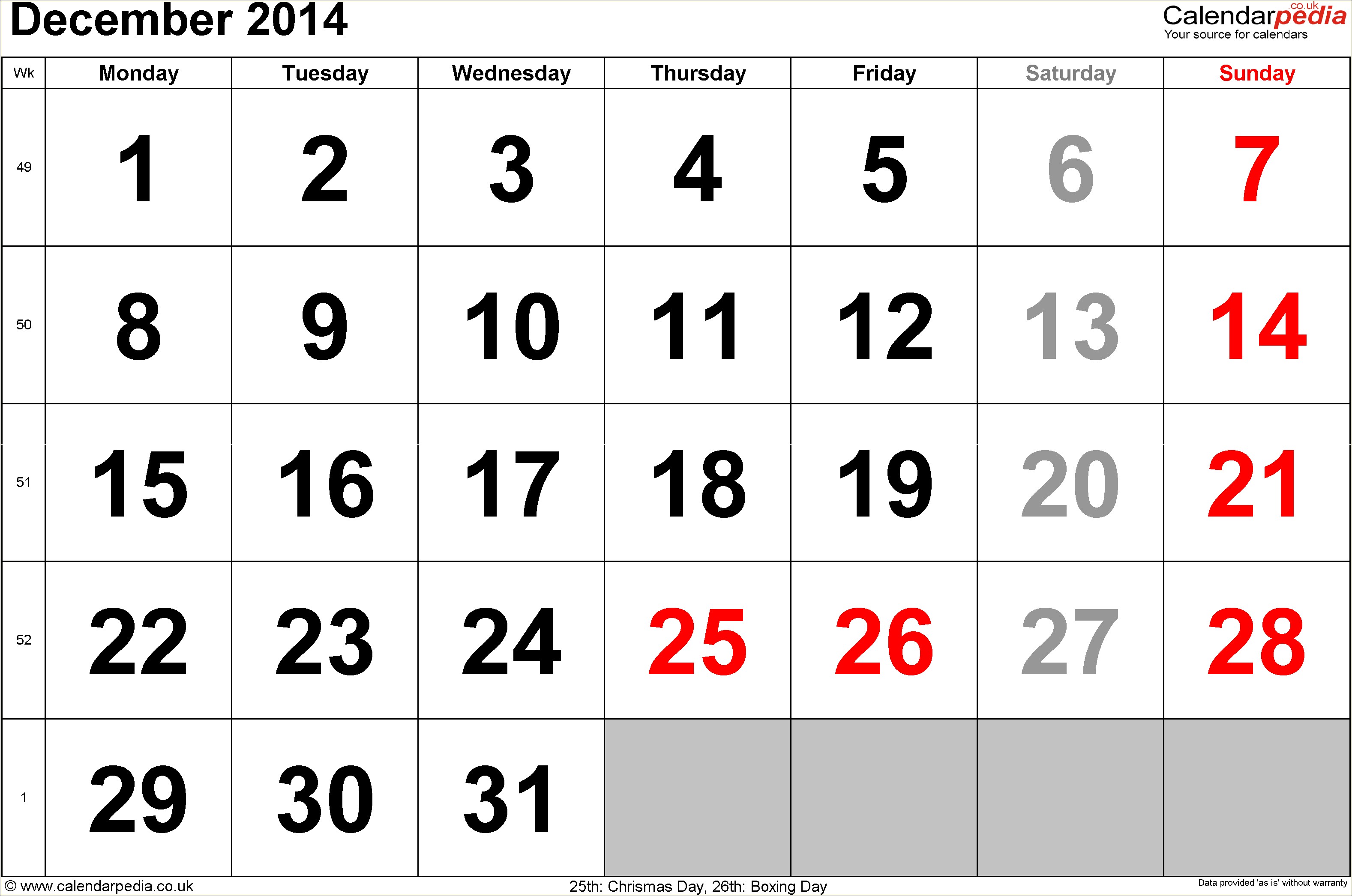 Free Printable Calendar Template For December 2014