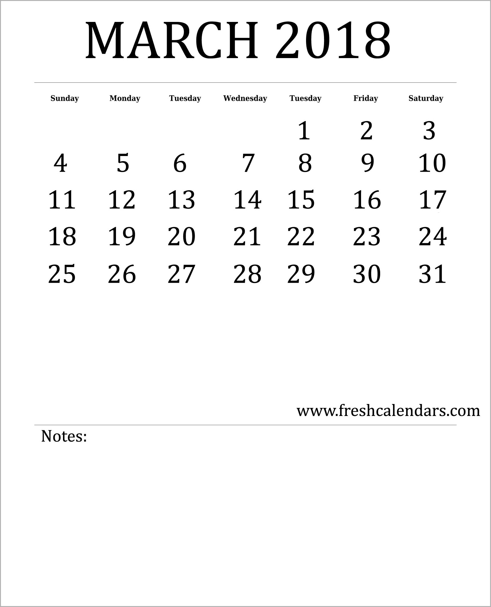 Free Printable Calendar Template March 2018