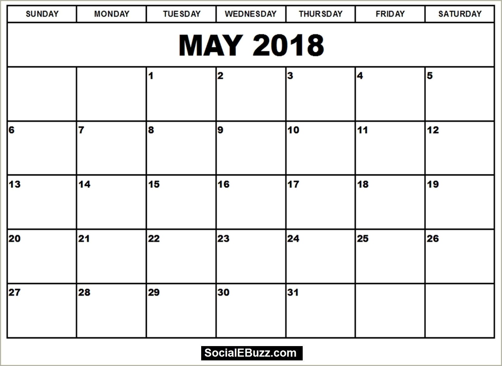 Free Printable Calendar Template May 2018