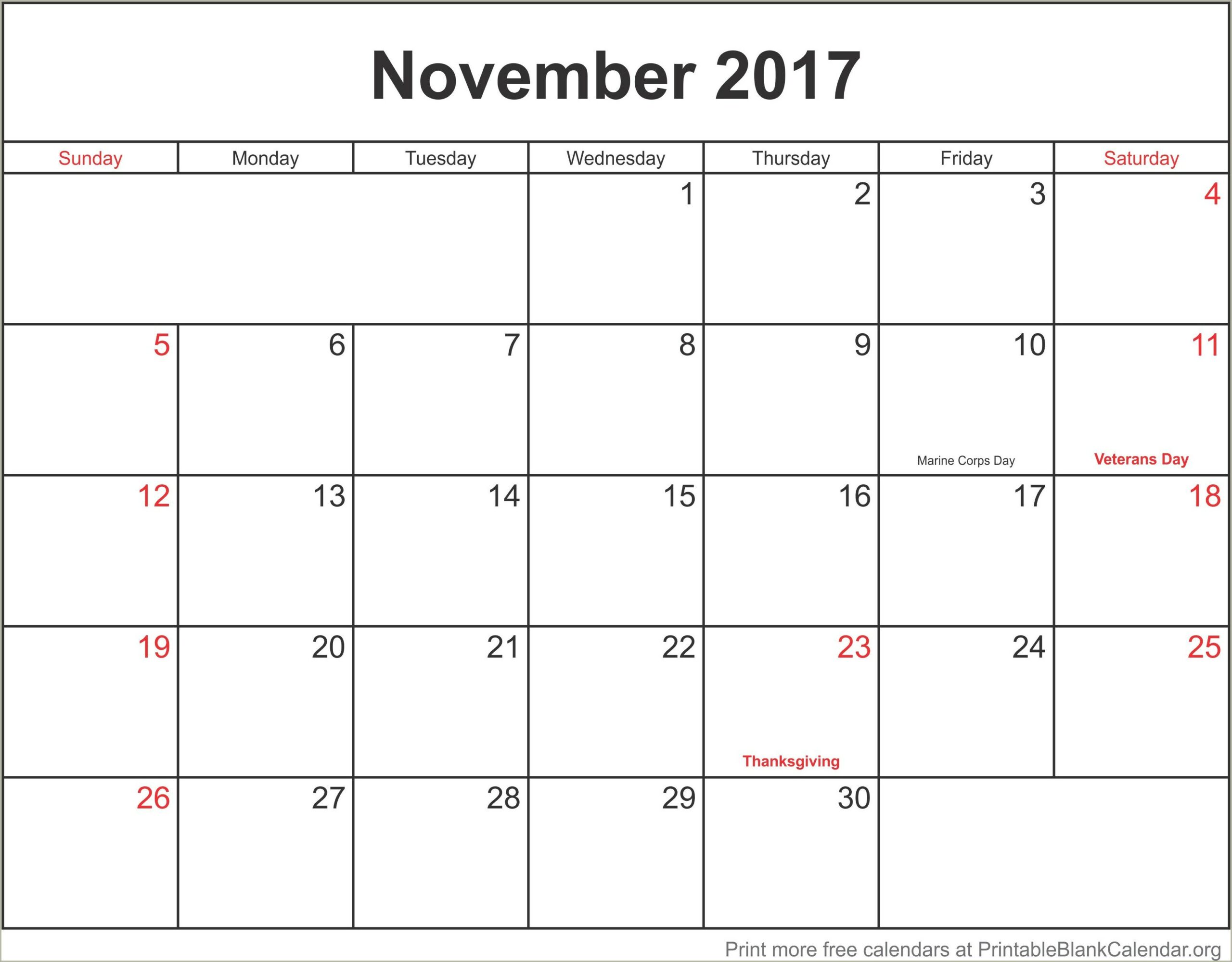 Free Printable Calendar Template November 2017