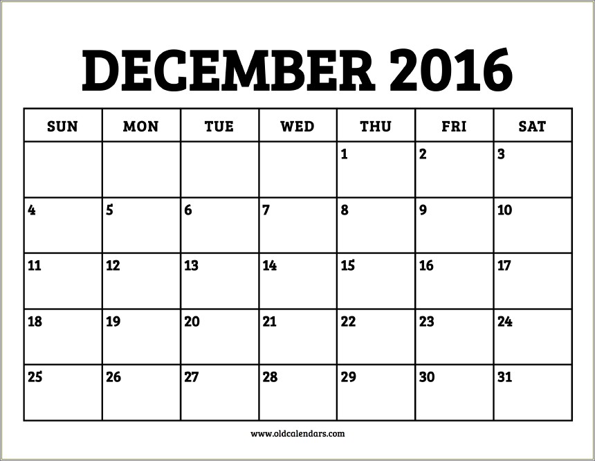 Free Printable Calendar Templates December 2016