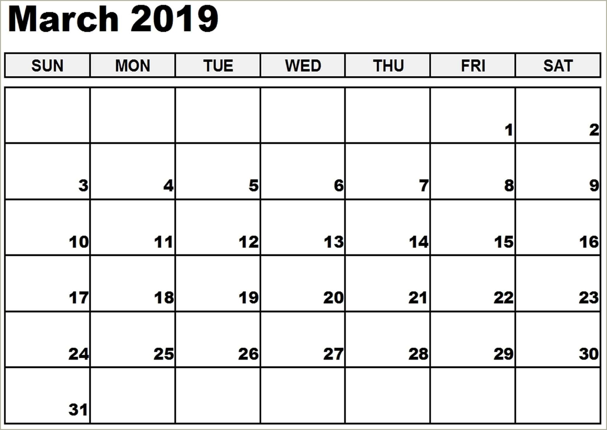 Free Printable Calendar Templates March 2019