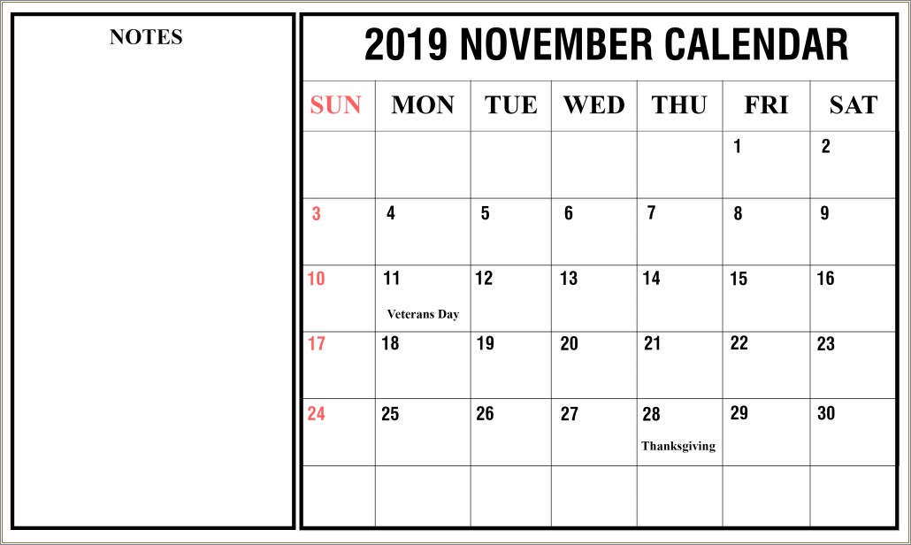 Free Printable Calendar Templates Nov 2019