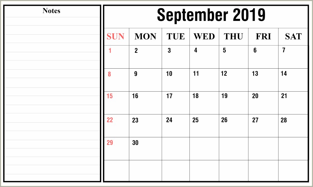 Free Printable Calendar Templates September 2019