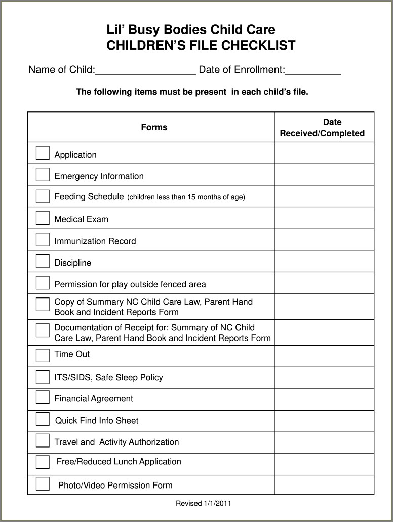 Free Printable Child Care Enrollment Forms Template