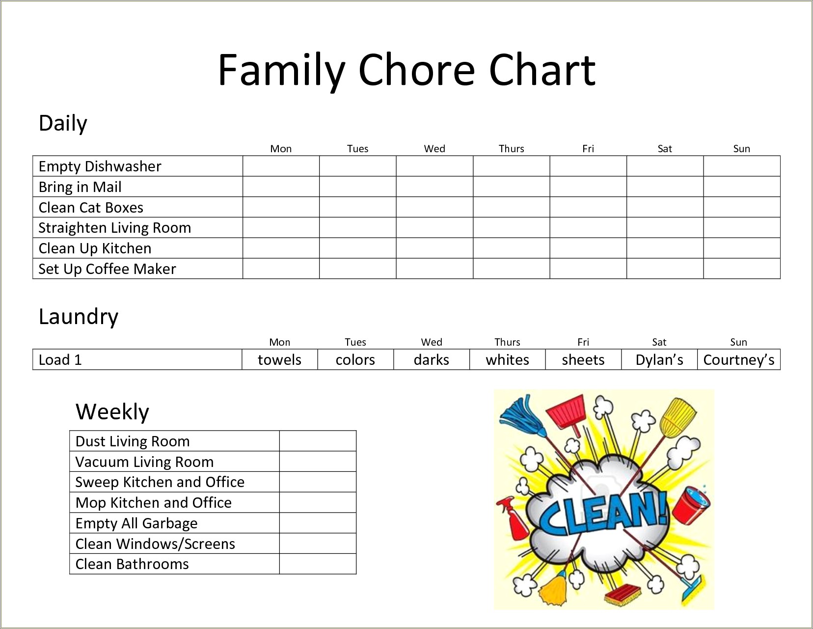 Free Printable Chore Chart Template Daily Weekly Monthly