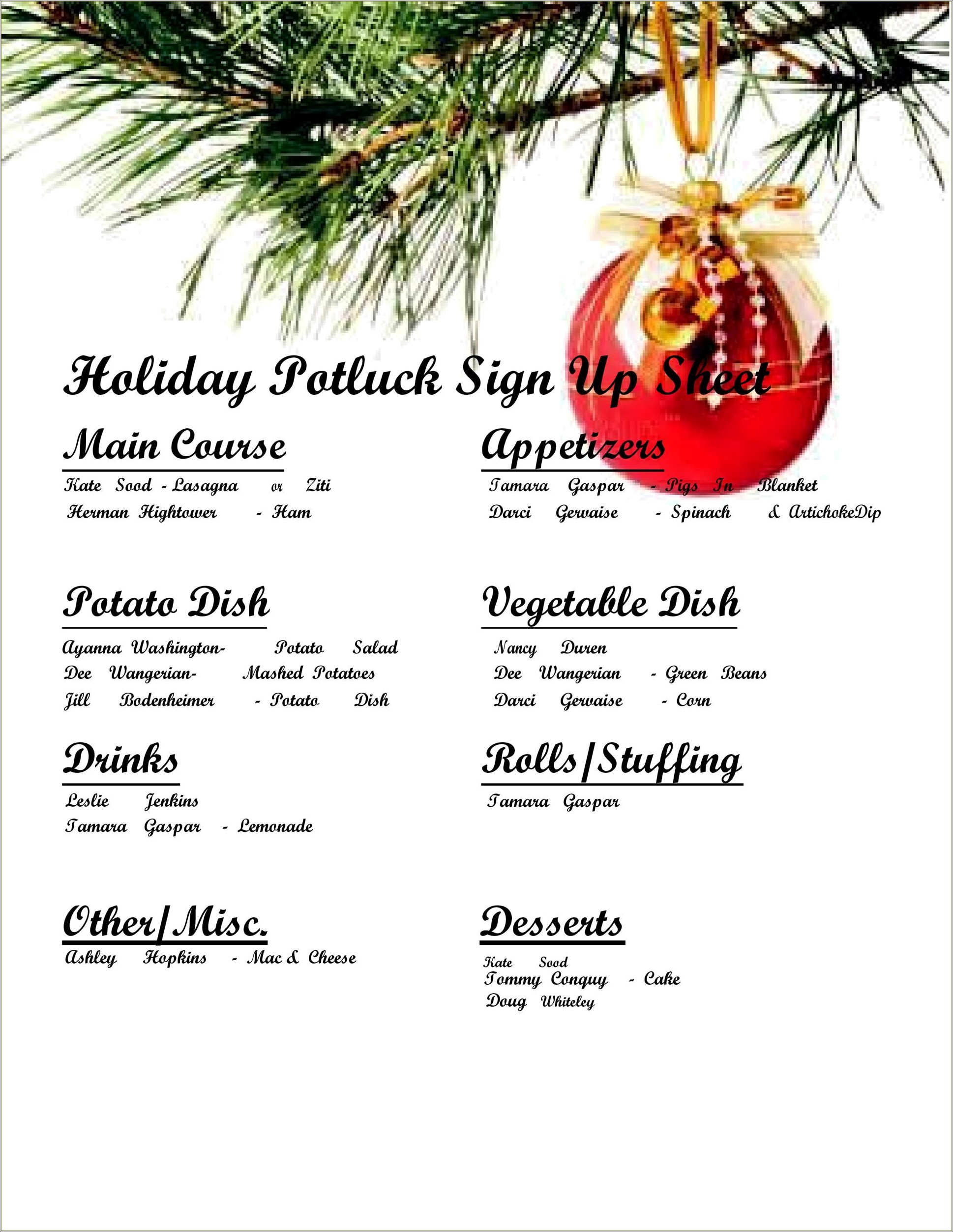 Free Printable Christmas Potluck Sign Up Sheet Template
