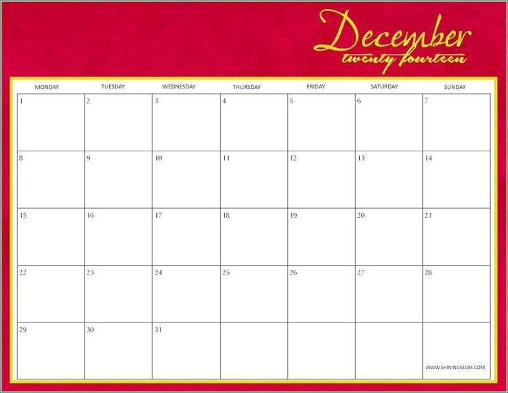 Free Printable December 2014 Calendar Template