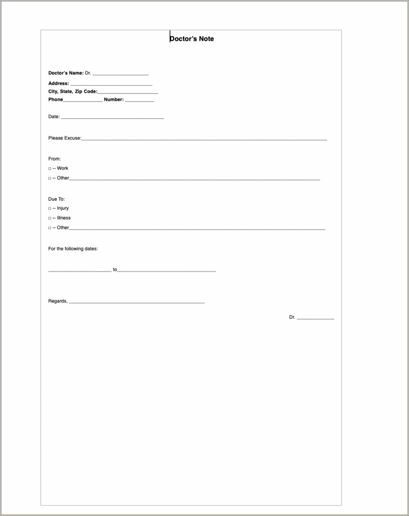 Free Printable Doctors Note For Work Template
