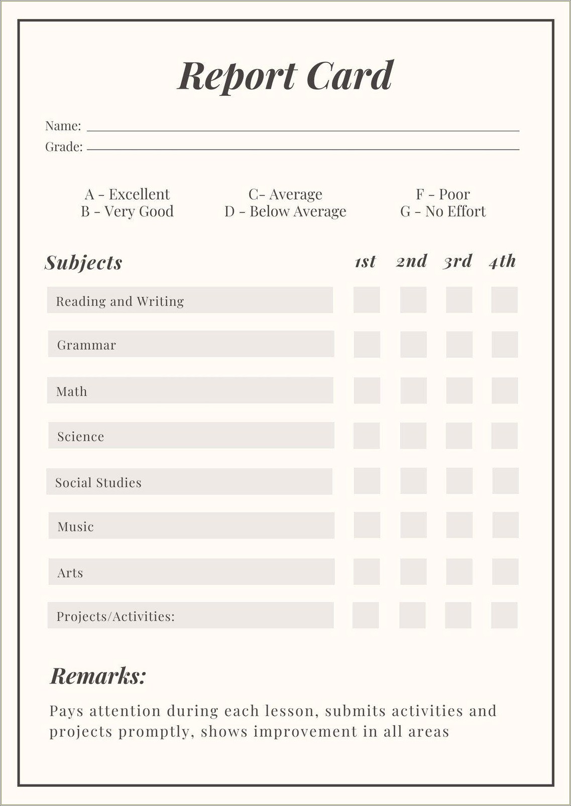 Free Printable Elementary Report Card Templates
