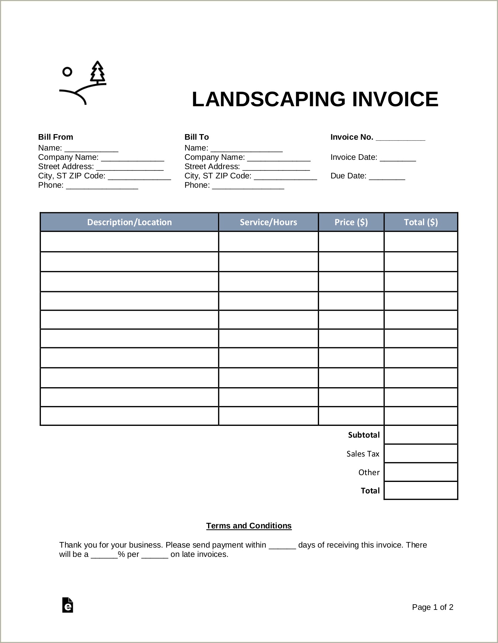 Free Printable Generic Lawn Care Invoice Template