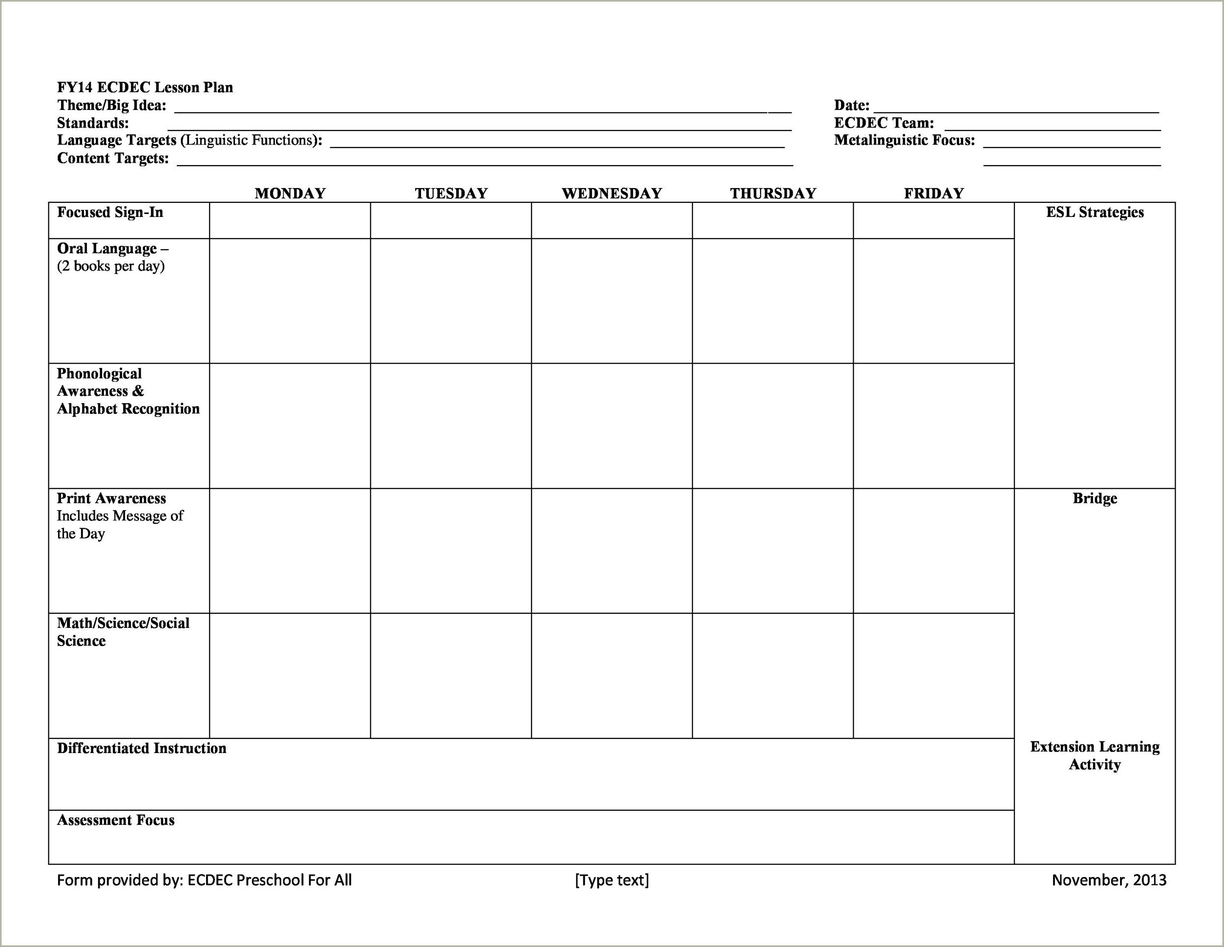 Free Printable Lesson Plan Templates For Toddlers