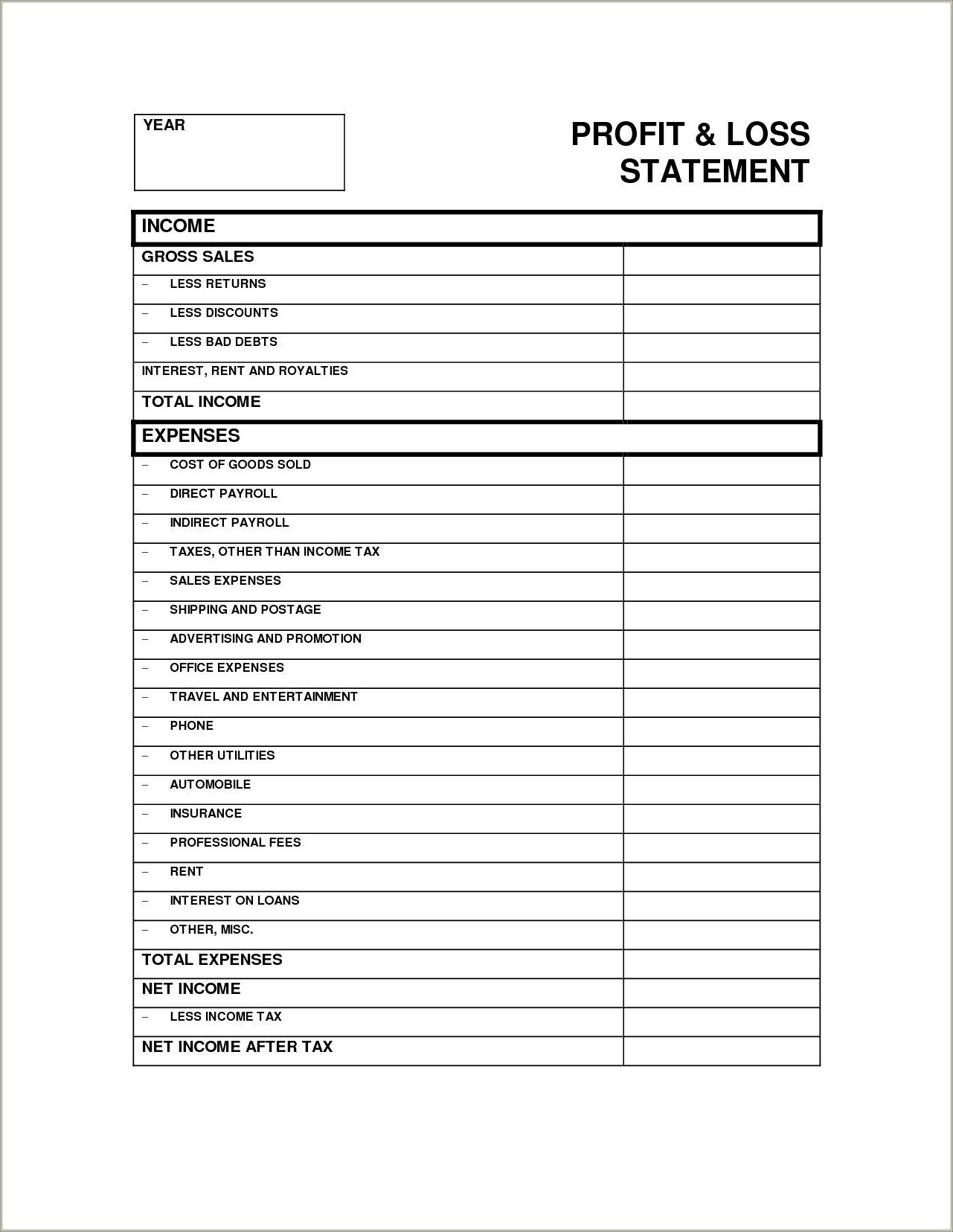 Free Printable Profit And Loss Worksheet Template