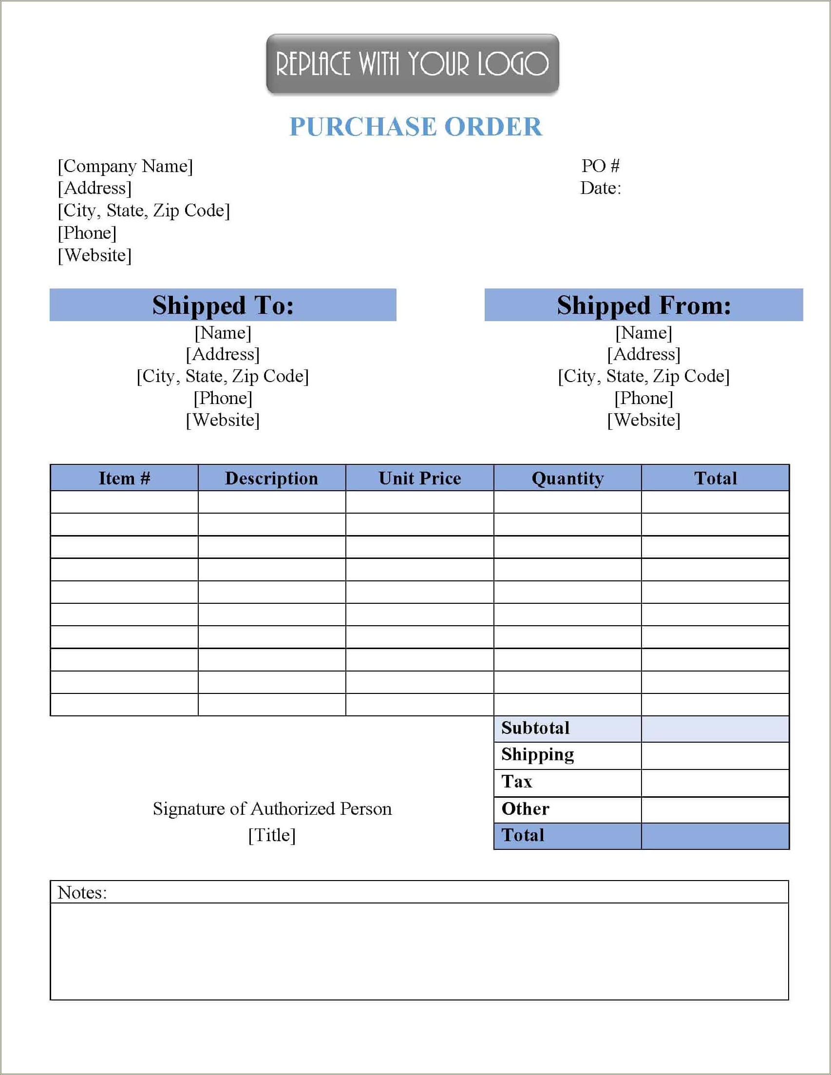 Free Printable Purchase Order Form Template Excel