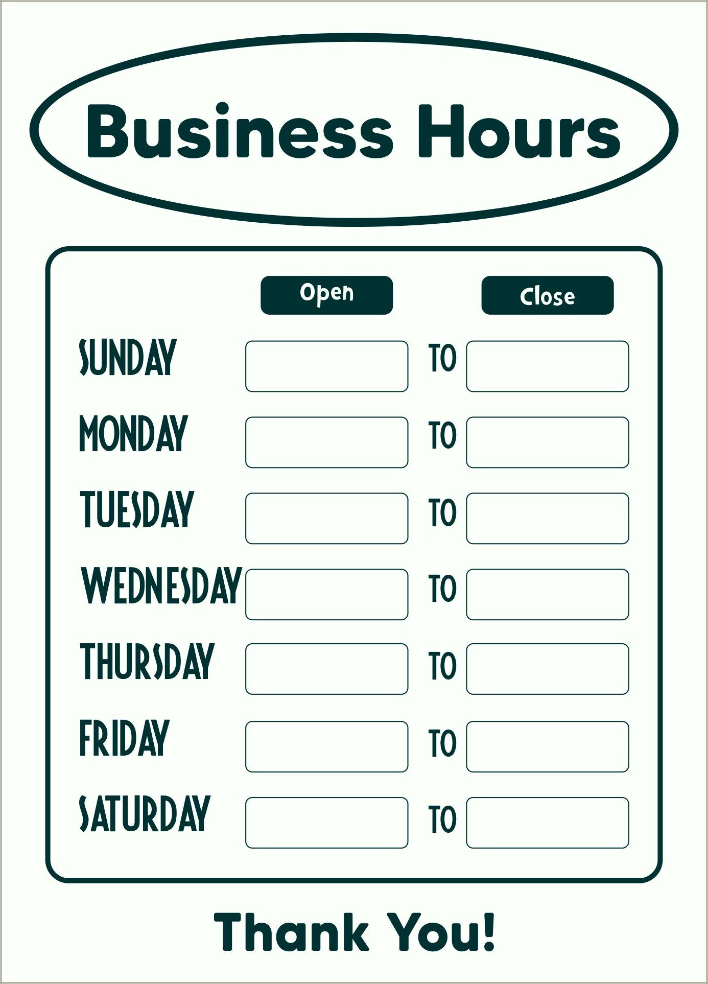 Free Printable Store Hours Templates For Word