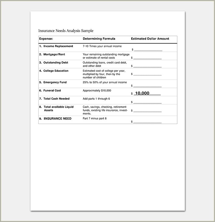 Free Program For A Financial Needs Analysis Template